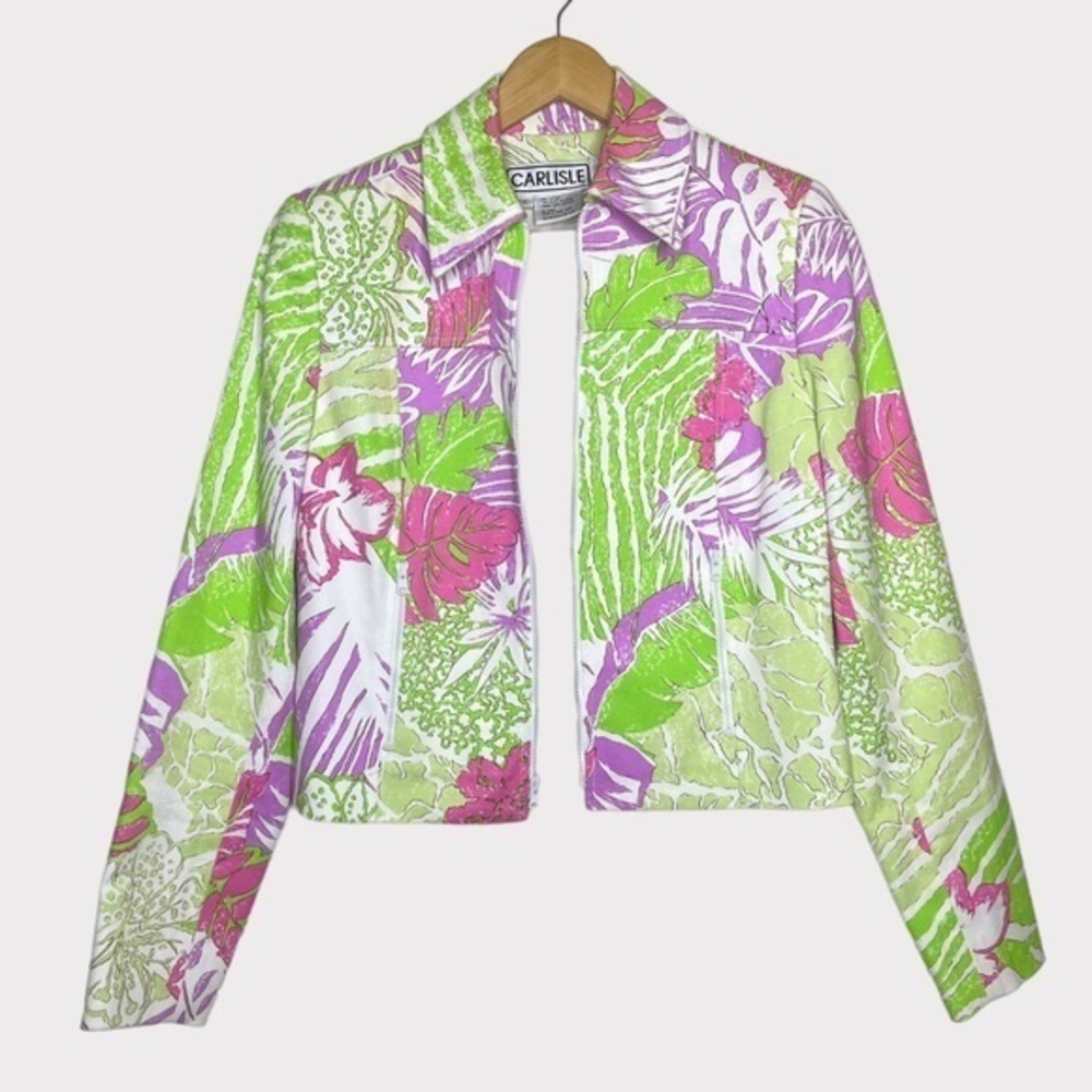 Vintage Carlisle White Pink Lime Green‎ Tropical Floral Flower Print Zip Front